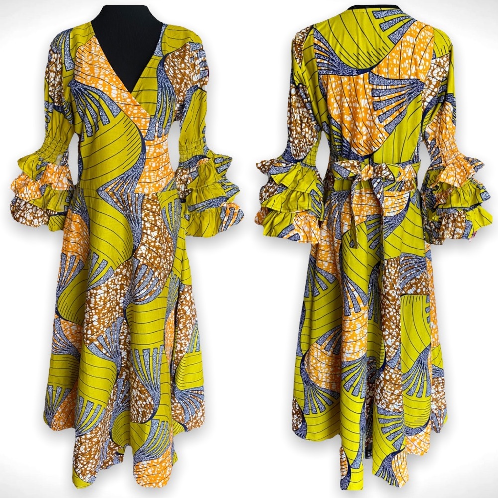 NWT Bell Sleeve Boho/Tribal Pattern Long African Wrap Dress Made in India OS